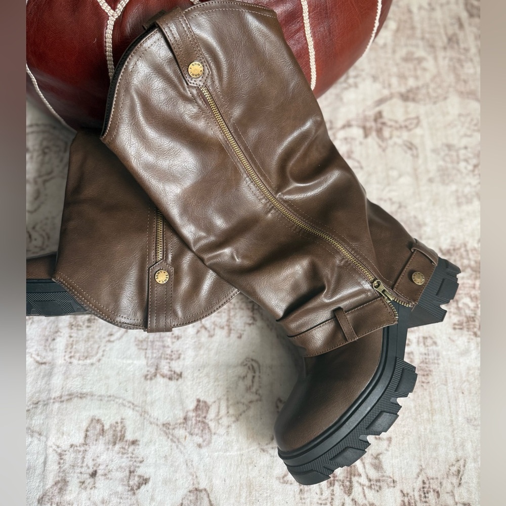 Brown Knee-High Boots with Black Soles bulky fun brown boots - Picture 3 of 13